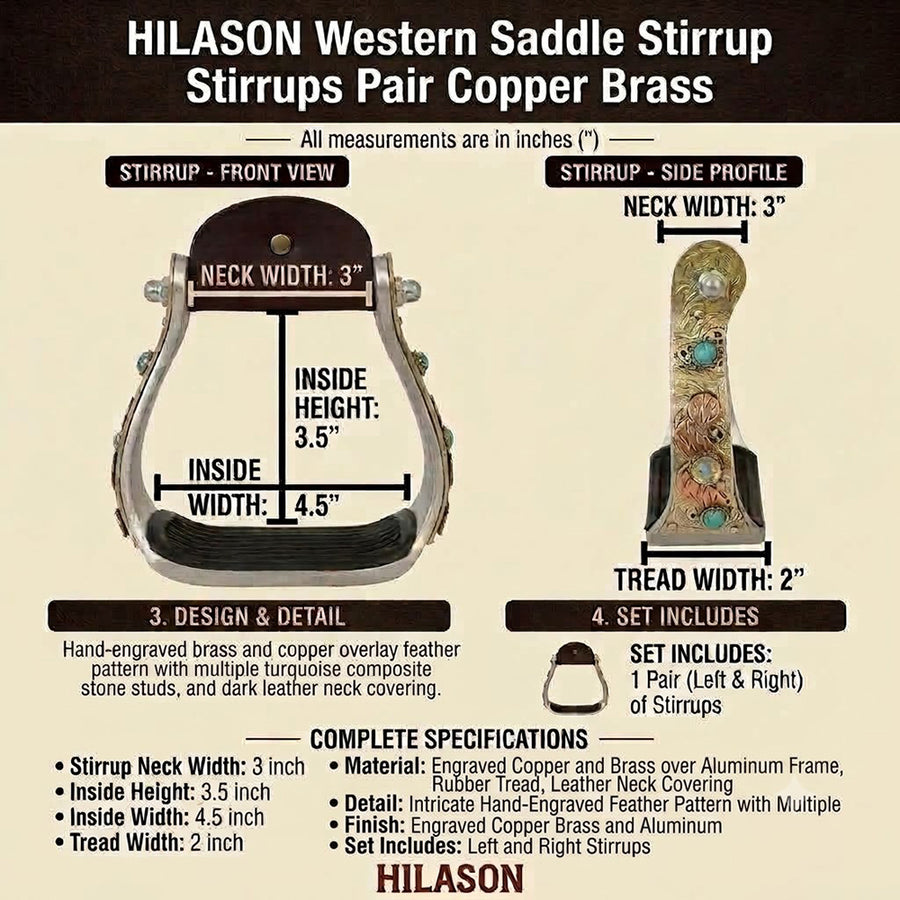 HILASON Western Saddle Stirrup Stirrups Pair Engraved Brass Copper Overlays Turquoise Inlay Rubber Tread Aluminum Pair
