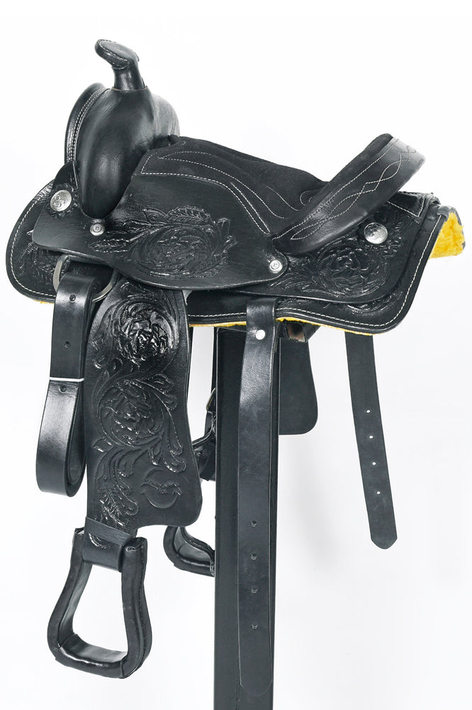 Comfytack Black Western Kids Youth Children Miniature Pony Saddle Leather Trail Tack | Hand Tooled Saddle | Western Saddle | Saddle for Horses | Horse Tack Set
