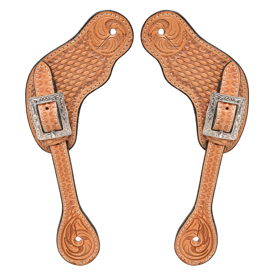 Western Leather Spur Straps Hilason Tan Basket Weaving Floral - Uhorse