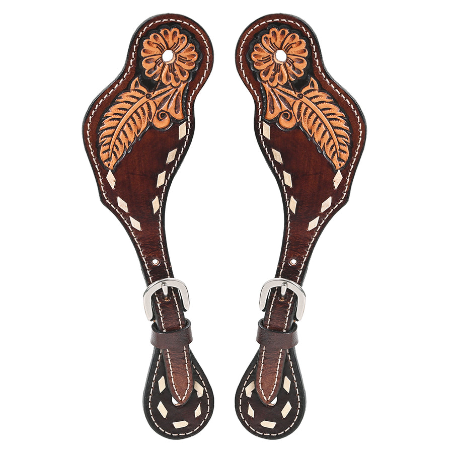 Leather spur straps with tooled floral design - Uhorse