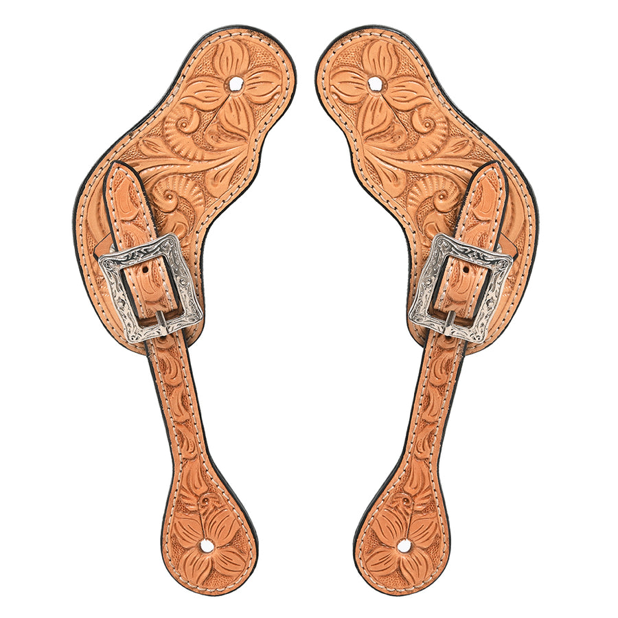 Tooled leather spur straps with silver buckles - Uhorse