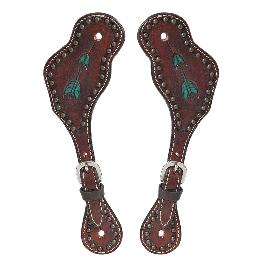 Leather spur straps with turquoise arrow tooling - Uhorse