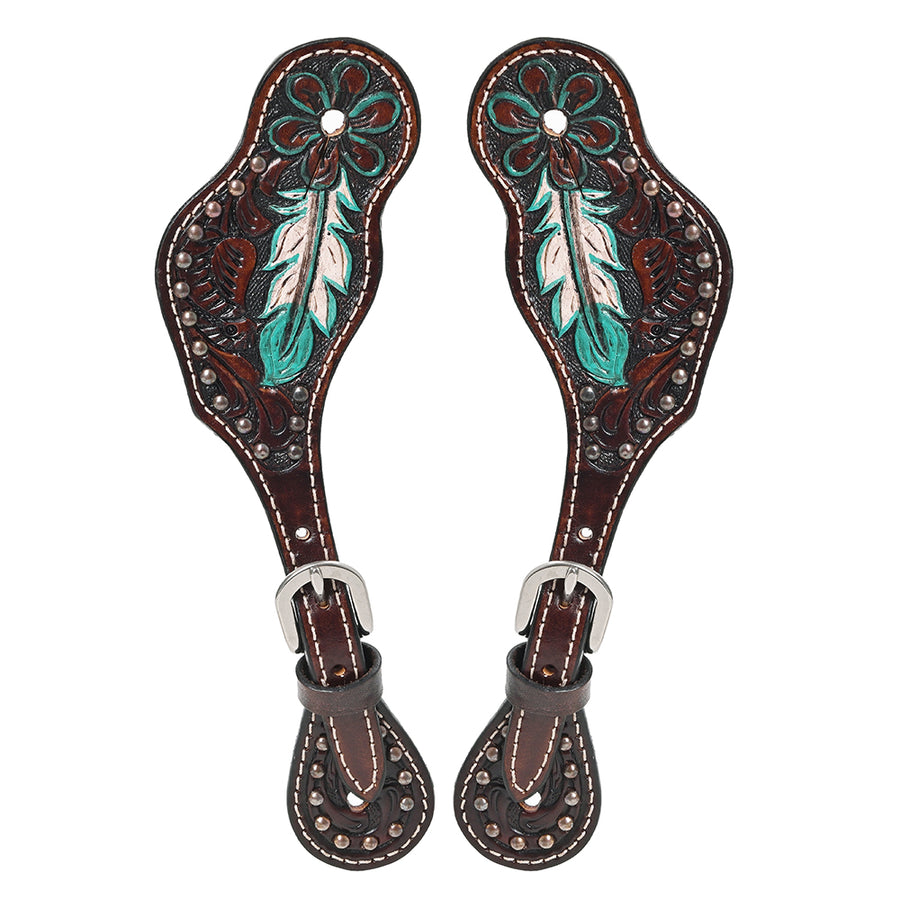Leather spur straps with turquoise inlay and tooling - Uhorse