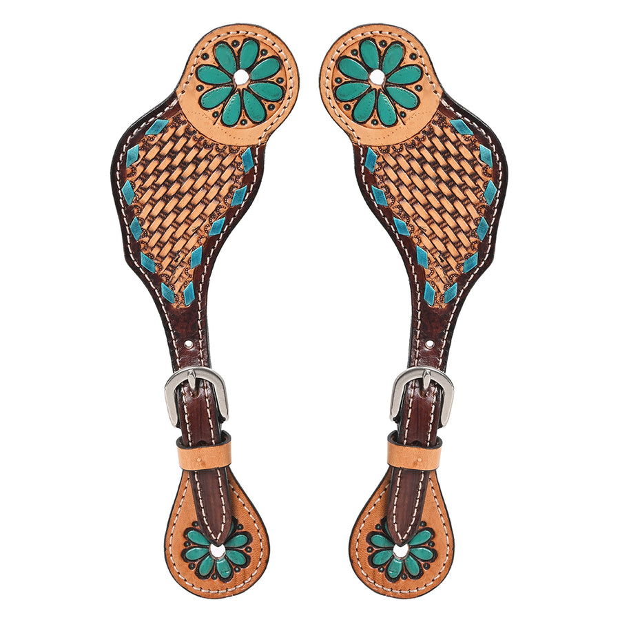 Leather spur straps with turquoise floral tooling - Uhorse