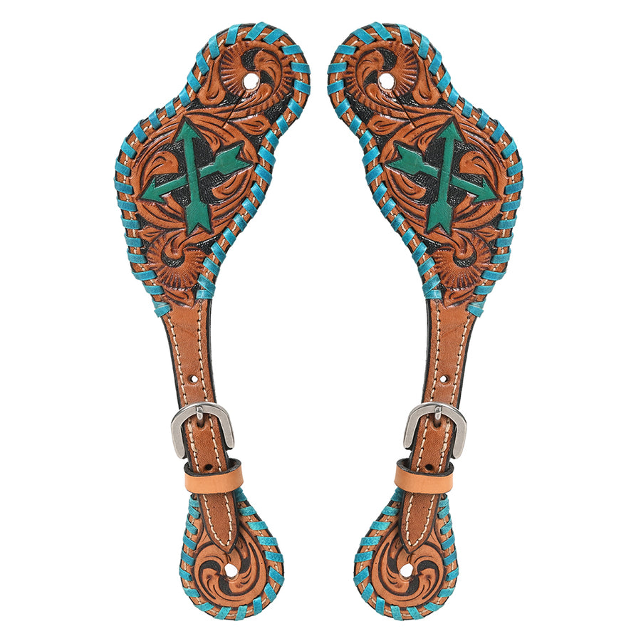 Leather spur straps with turquoise tooling and cross design - Uhorse