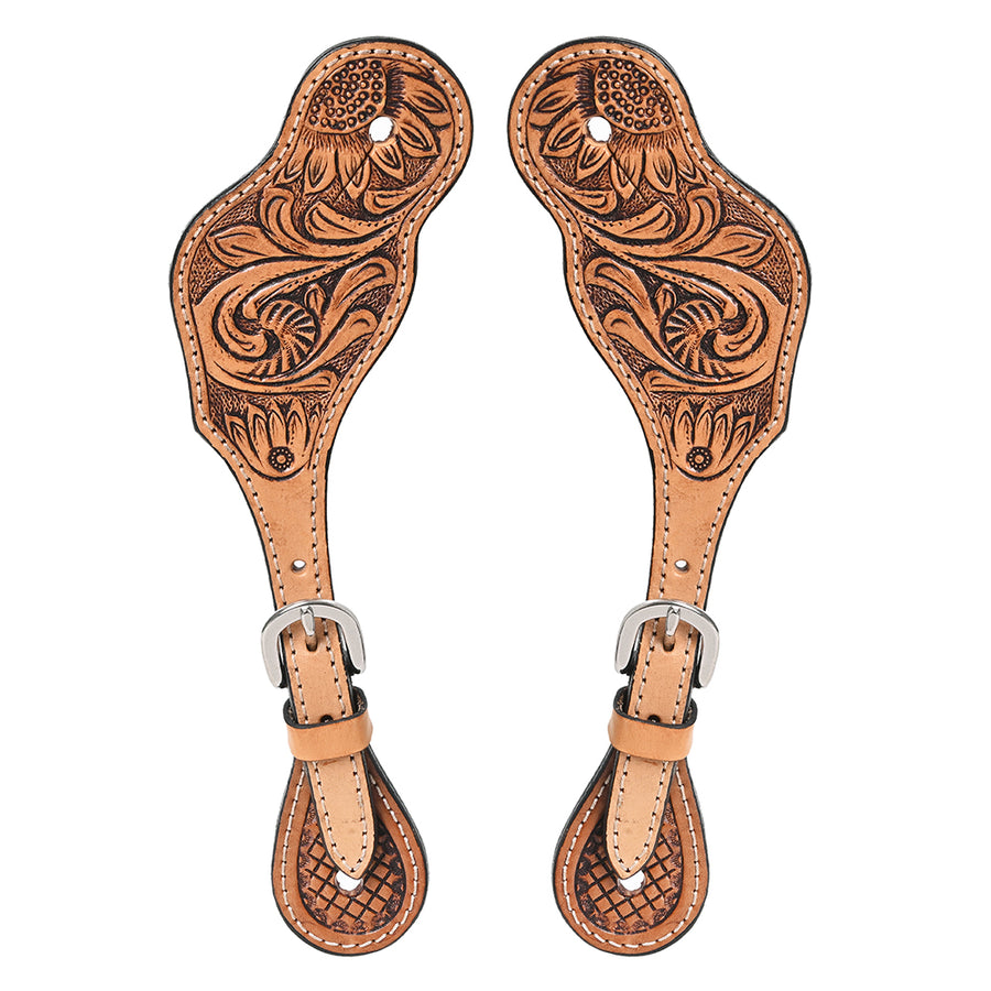 Tooled leather spur straps with eagle design - Uhorse