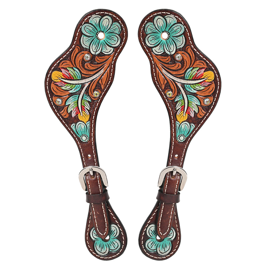 Hilason Leather Spur Strap Western Floral Dark Brown Hand Paint - Hilason