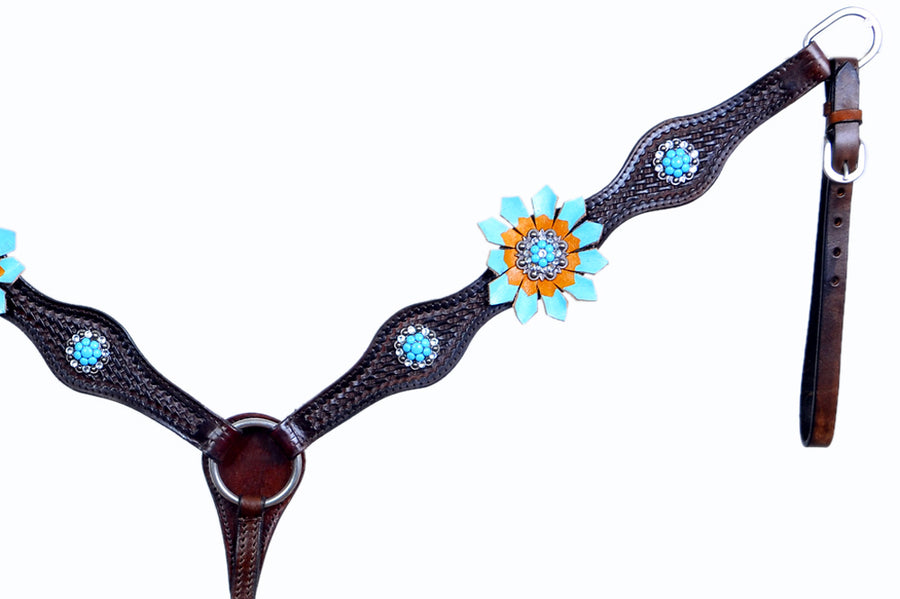 Western One Ear Horse Headstall Breast Collar Leather Brown Bling