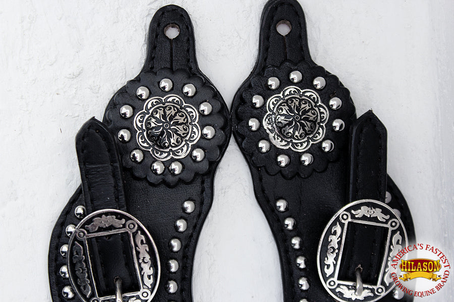 Hilason Western Leather Spur Straps Black With Studs And Concho