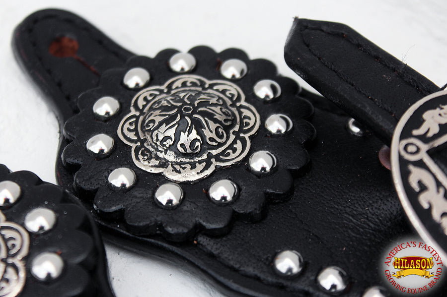 Hilason Western Leather Spur Straps Black With Studs And Concho