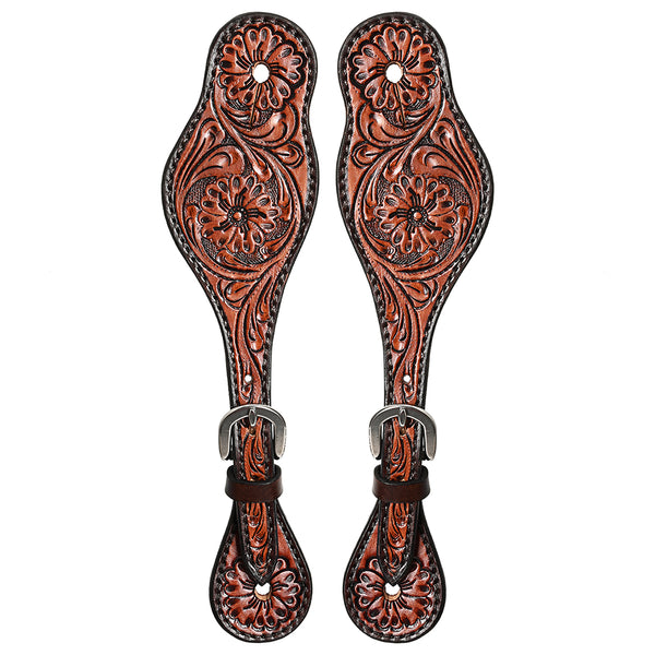 Hilason Western Leather Spur Straps Brown Floral Carving Rustic Vintage - Uhorse
