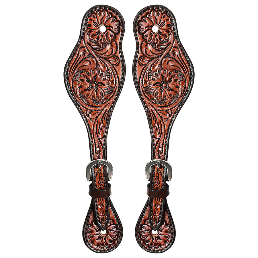Hilason Western Leather Spur Straps Brown Floral Carving Rustic Vintage - Uhorse