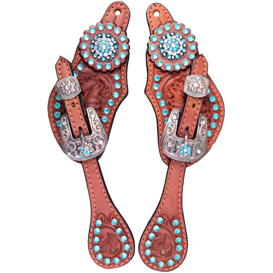 Hilason Western Spur Straps Leather Brown Floral With Beaded Inlay - Uhorse