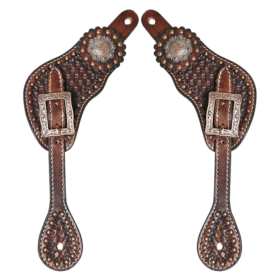 Hilason Western Leather Spur Straps Brown Floral Carving With Concho - Uhorse