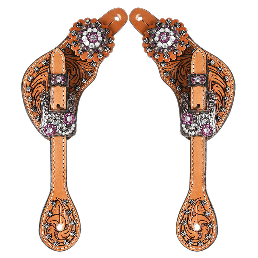 Hilason Western Leather Spur Straps Brown Floral Crystals Bling Conchos - Uhorse
