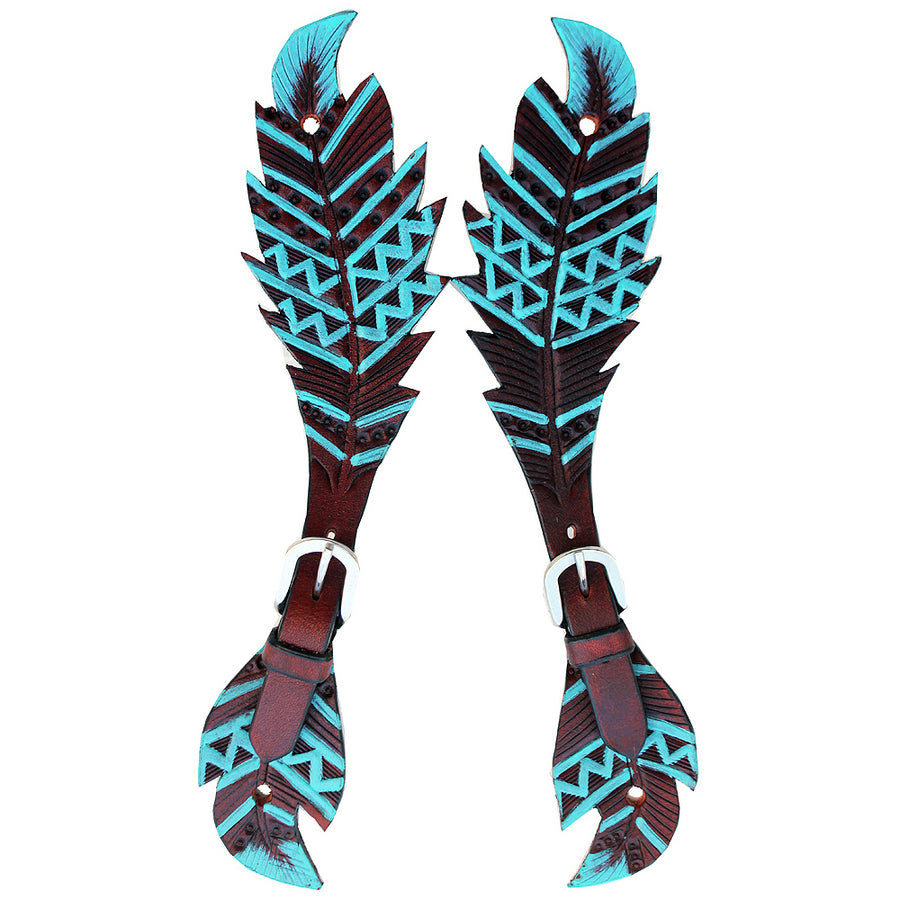 Hilason Western Spur Straps Leather Dark Brown Turquoise Hand Carved - Uhorse