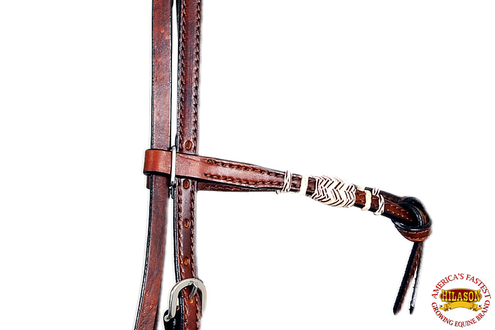 Hilason Western Headstall Horse Leather Rawhide Bosal Reins Bitless Brown