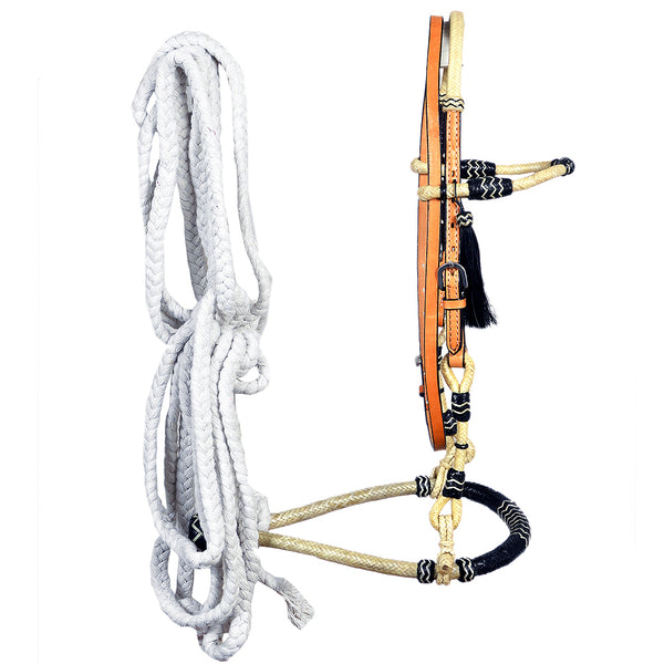 Hilason Western Headstall Horse Leather Rawhide Bosal Reins Bitless Tan - Uhorse