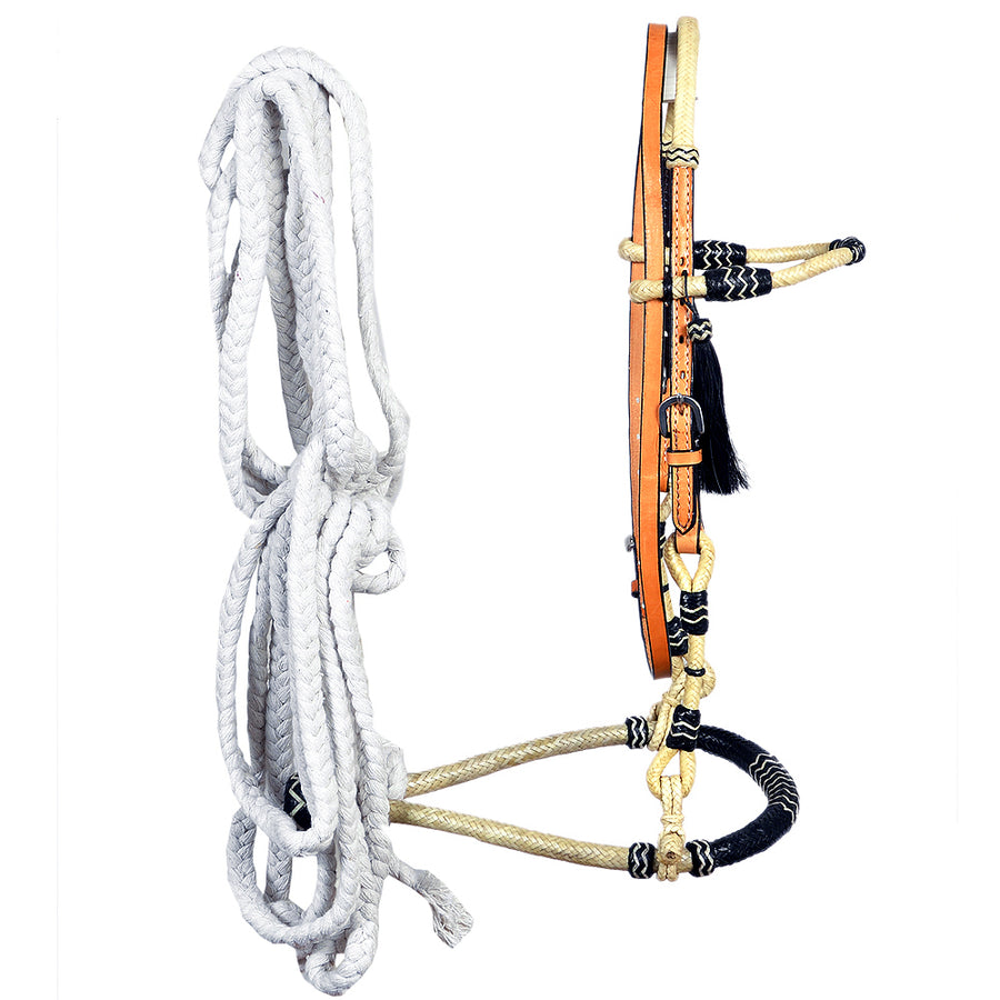 Hilason Western Headstall Horse Leather Rawhide Bosal Reins Bitless Tan - Uhorse