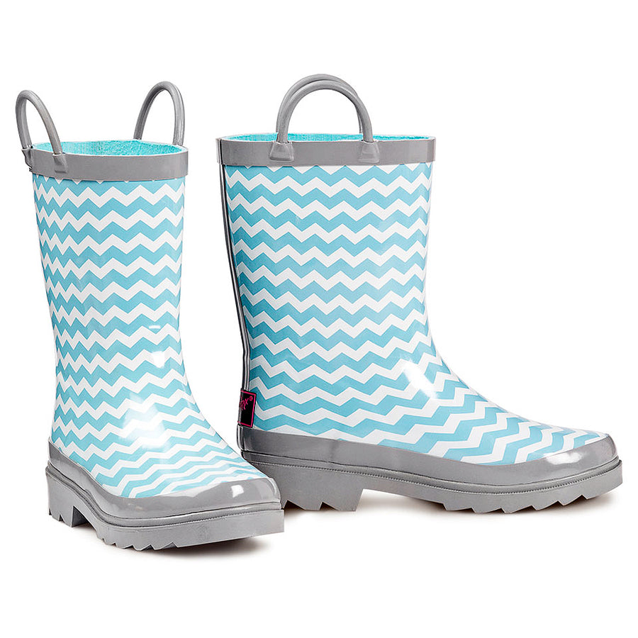 M&F Western Blazin Roxx Lacy Girls' Rain Boots Aqua Chevron Easy Pull-On Handles - Uhorse