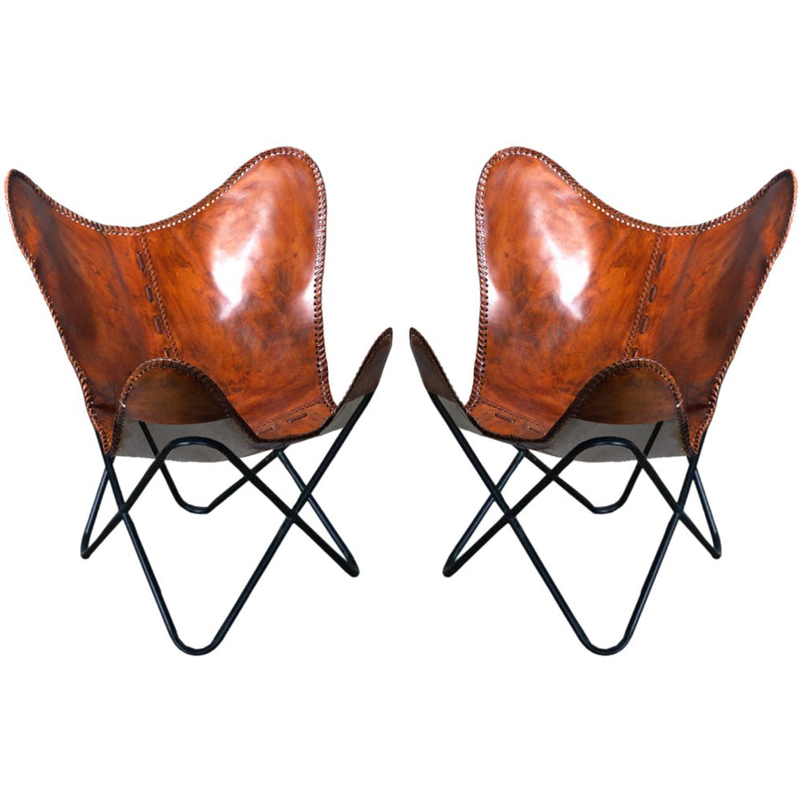 Pair of brown leather butterfly chairs with black metal frames - Uhorse