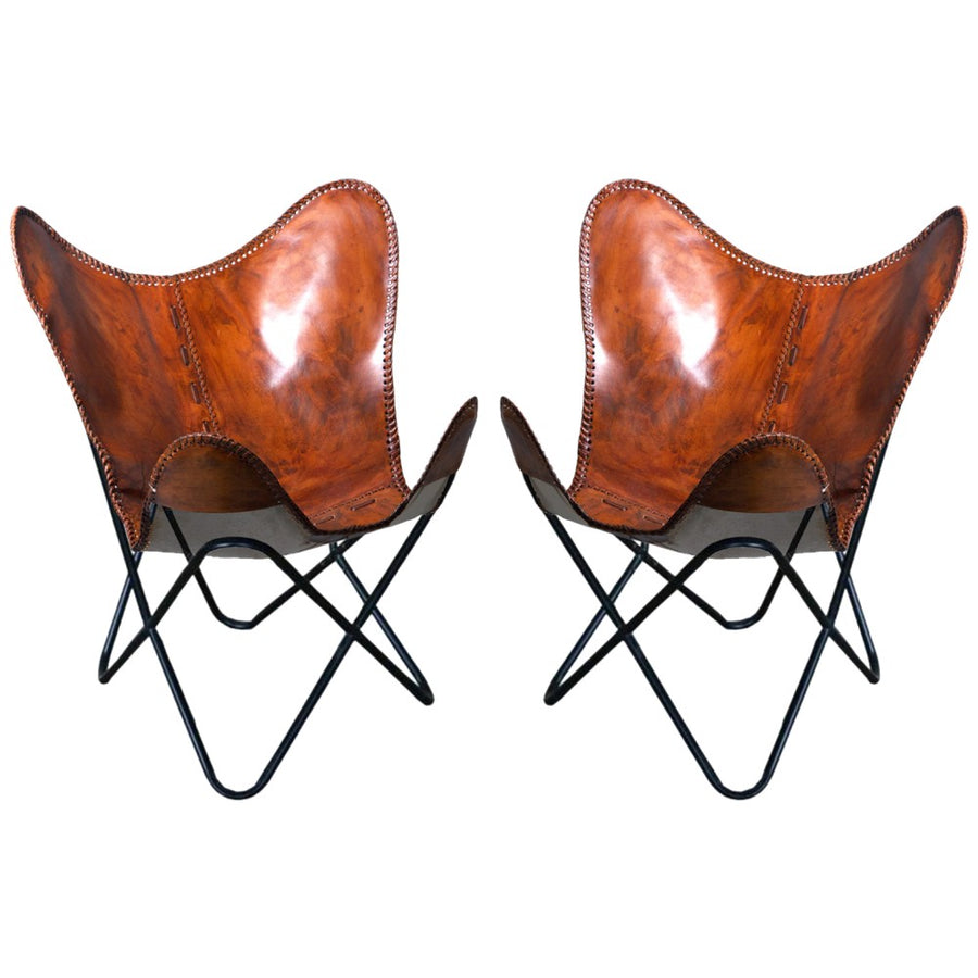 Pair of leather butterfly chairs with black metal frames - Uhorse