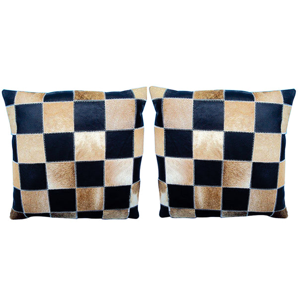 Checkered cowhide throw pillows, black and tan, set of two - Uhorse