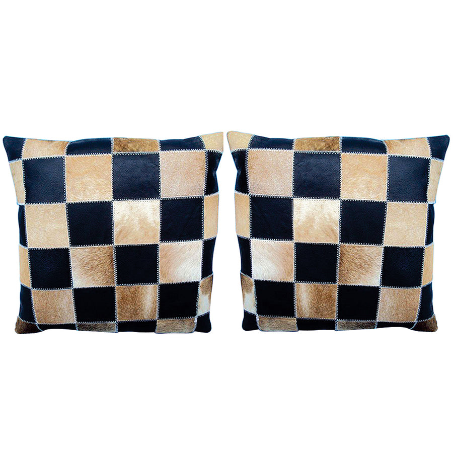 Checkered cowhide throw pillows, black and tan, set of two - Uhorse