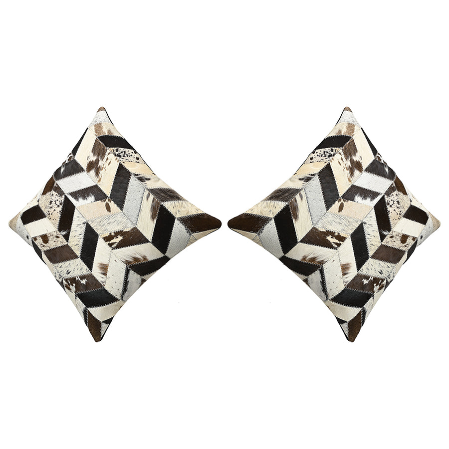 Set Of 2 Cowhide Leather Hair-On Patchwork Cushion Pillow Cover 16 X 16