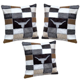 Set Of 3 Western Cowhide Leather Hair On Patchwork Cushion Pillow Cover