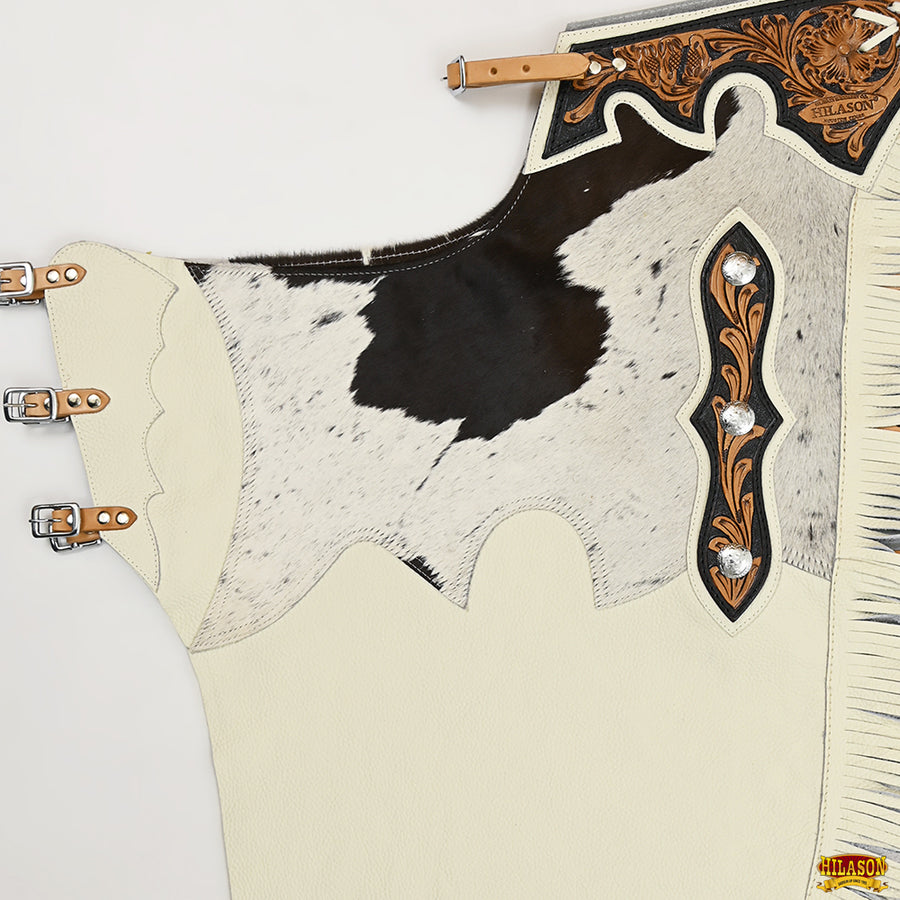 HILASON Bull Riding Chinks Adult Pro Rodeo Bronc Leather White | Handmade Chaps Western for Adults Hand Tooled