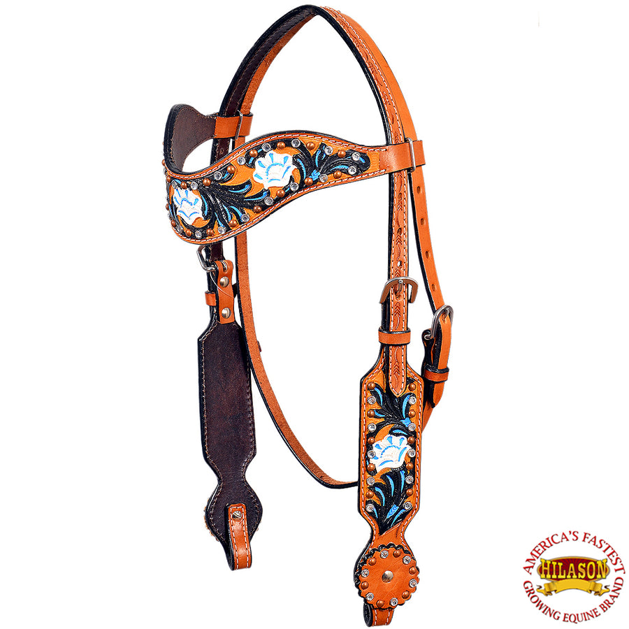 Hilason W. H. Headstall Bridle American Leather Tan Floral Black Inlay by Hilason – Cowboy and equestrian accessories