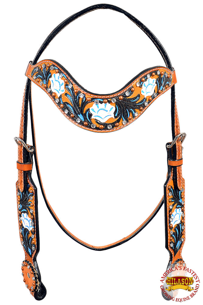 HILASON Western Horse Headstall Bridle American Leather Tan Floral Black