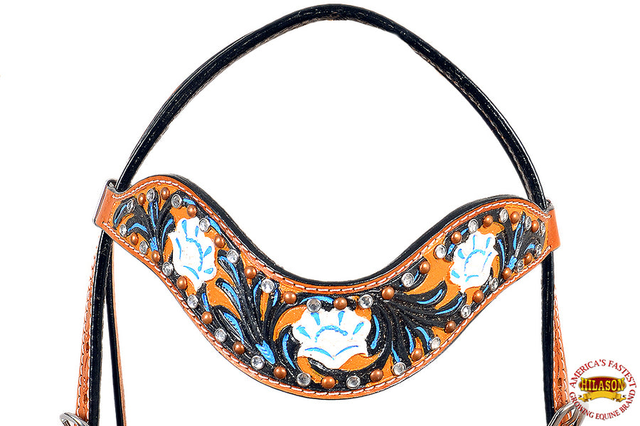 HILASON Western Horse Headstall Bridle American Leather Tan Floral Black
