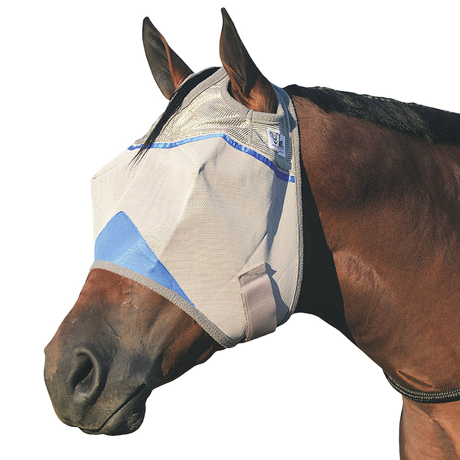 Horse fly mask with blue accents and ear holes, cream and tan canvas - Uhorse