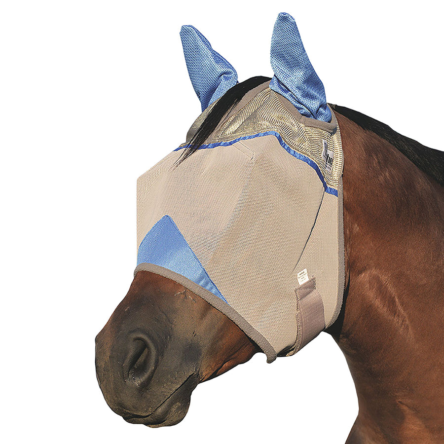 Tan canvas horse fly mask with blue ear covers - Uhorse