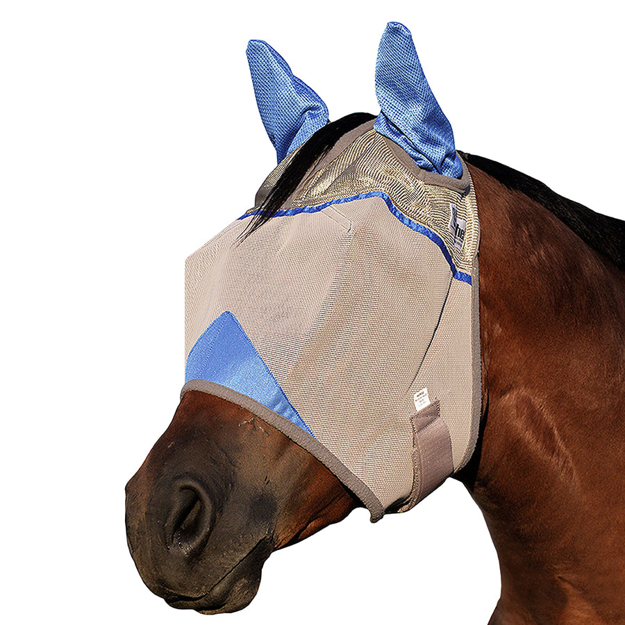 Horse fly mask with ear bonnets, tan and blue mesh - Uhorse
