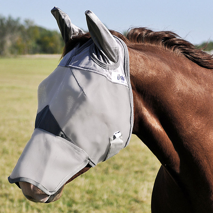 White nylon horse fly mask with dark trim - Uhorse