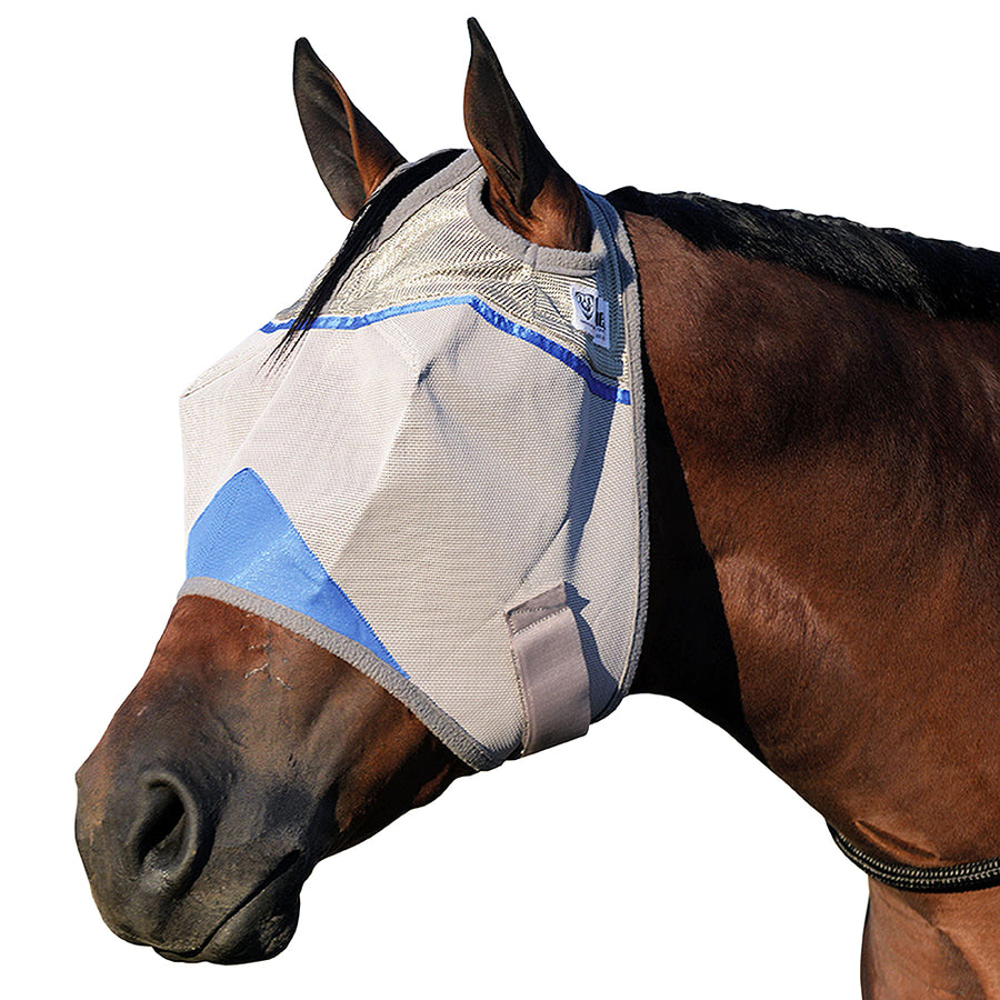 Horse fly mask with blue trim and ear holes, cream and tan canvas - Uhorse