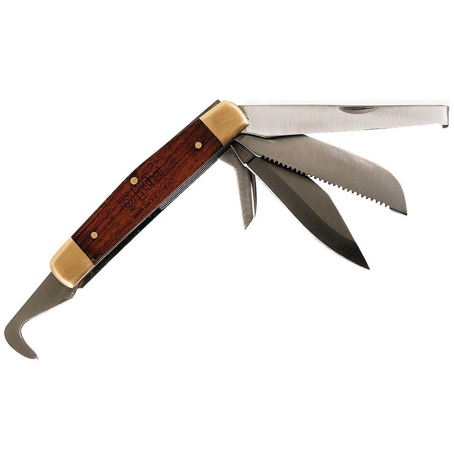 Multi-tool pocket knife with wood handle and brass accents - Uhorse