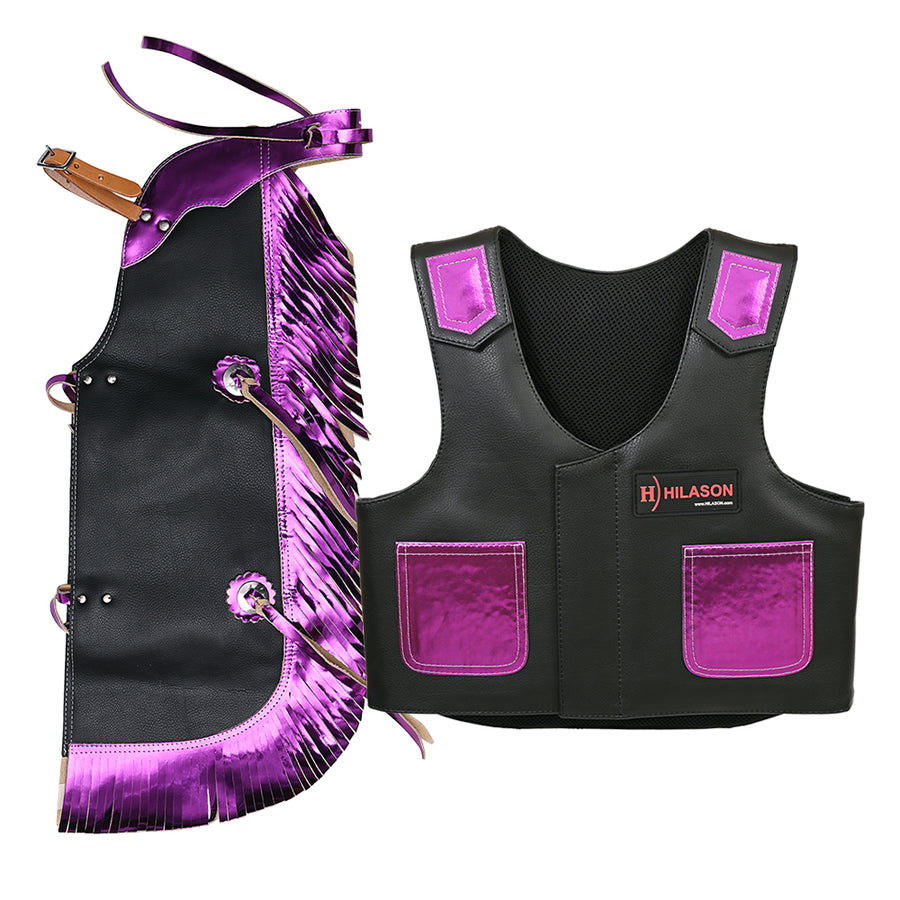 Hilason Junior Youth Bull Riding Pro Rodeo Leather Protective Vest Chaps - Uhorse