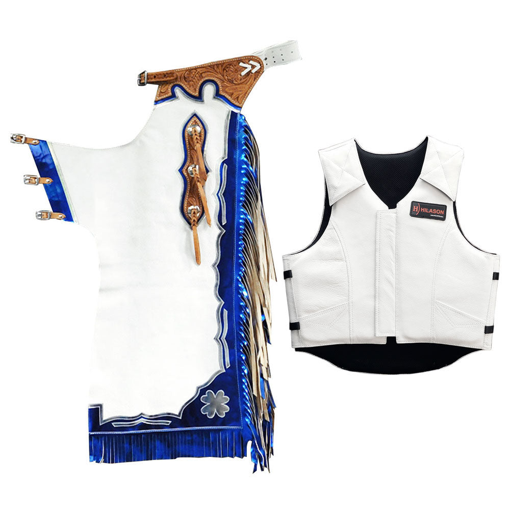 Hilason Bull Riding Pro Rodeo White Leather Protective Vest & Chaps Combo Large