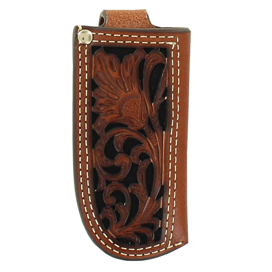 Small Nocona Pierced Leather Pocket Knife Sheath Cutouts Top Stitching Black - Uhorse