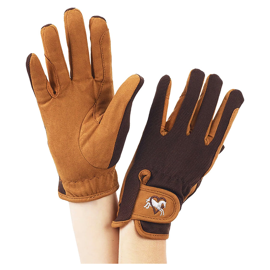 Med (5-5.5) Ovation Hearts & H.s Gloves Childs Lt Brown / Chocolate – by Hilason – Cowboy and equestrian accessories