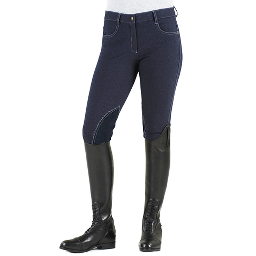 Ovation Euro Melange Knee Patch Breeches Indigo Denim-Knit Contrast Stitching