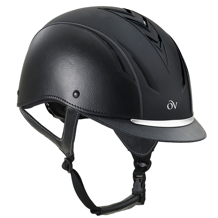 Black leather equestrian helmet with white stripe - Uhorse