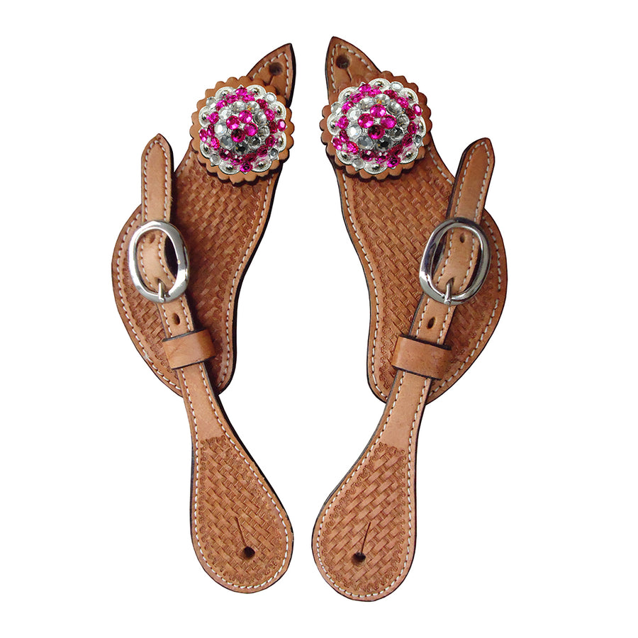 Hilason W. Leather H. Spur Straps Basket Weave Tool Tan Concho – by Hilason – Cowboy and equestrian accessories