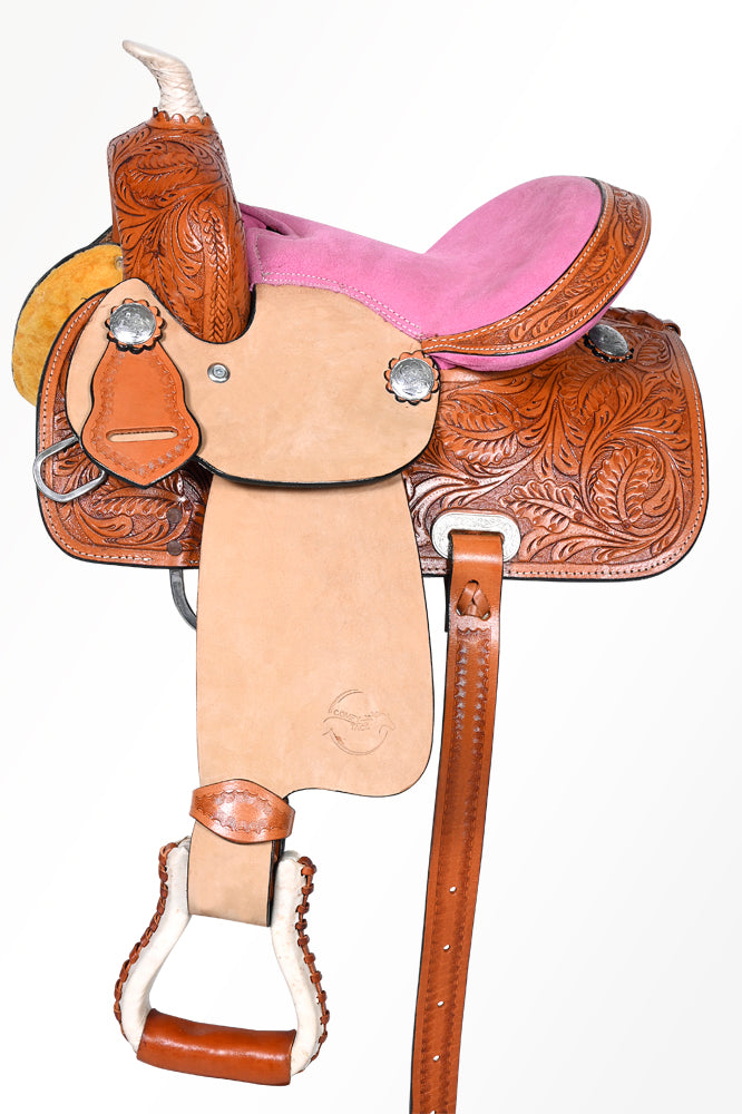 Comfytack 12 in Tan Western Kids Youth Children Miniature Pony Saddle Leather Trail Tack | Hand Tooled Saddle | Western Saddle | Saddle for Horses | Horse Tack Set