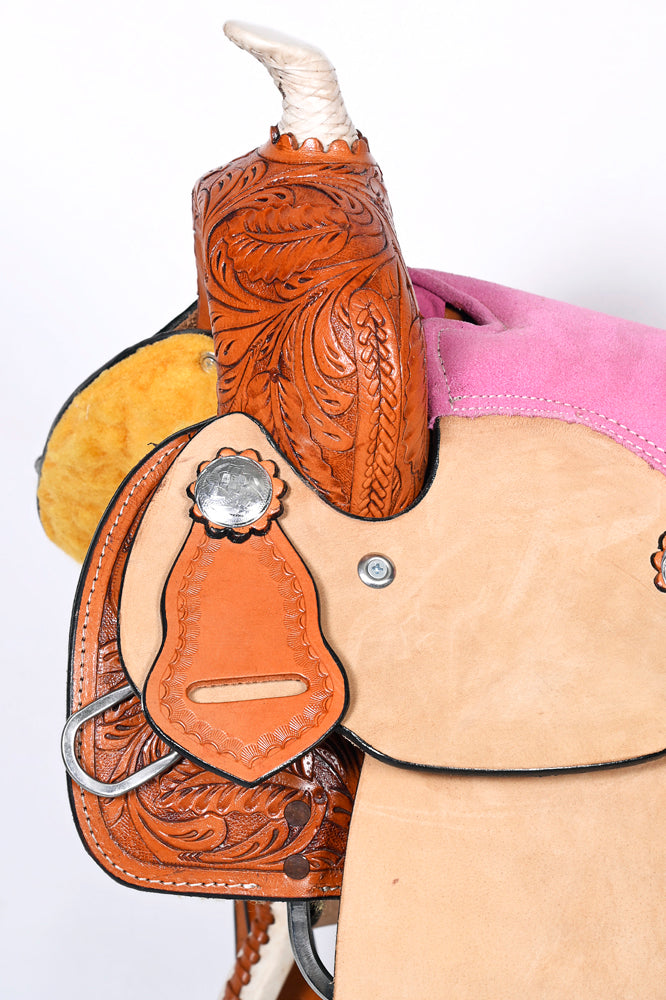 Comfytack 12 in Tan Western Kids Youth Children Miniature Pony Saddle Leather Trail Tack | Hand Tooled Saddle | Western Saddle | Saddle for Horses | Horse Tack Set