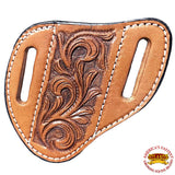 Tan leather saddle pad with tooled floral design and white stitching - Uhorse
